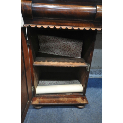 1198 - A VICTORIAN MAHOGANY TWIN PEDESTAL SIDEBOARD, with a raised back, four frieze drawers, and two cupbo... 