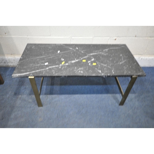 1199 - A RECTANGULAR MARBLE TOP COFFEE TABLE, raised on a brass frame, width 97cm x depth 46cm x height 39c... 