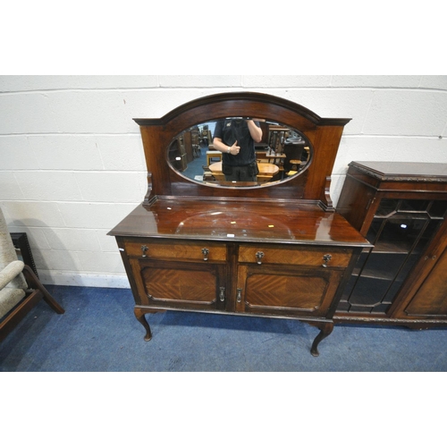 1200 - A 20TH CENTURY MAHOGANY SIDEBOARD, with an oval bevelled mirror plate, two drawers, above double cup... 