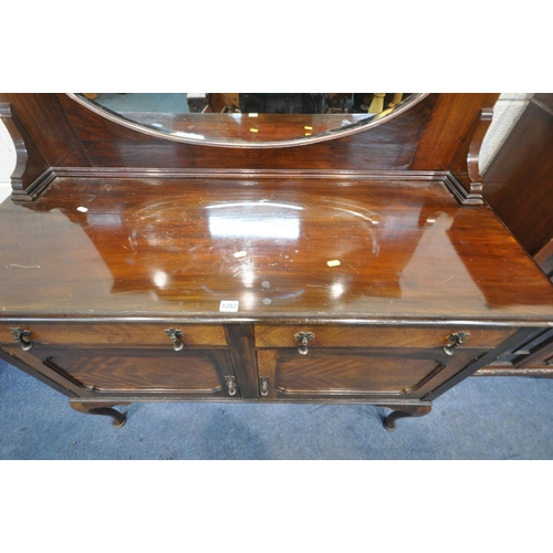 1200 - A 20TH CENTURY MAHOGANY SIDEBOARD, with an oval bevelled mirror plate, two drawers, above double cup... 