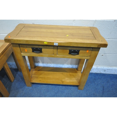 1221 - A SOLID LIGHT OAK SIDE TABLE, with two frieze drawers, raised on block legs, united by an undershelf... 