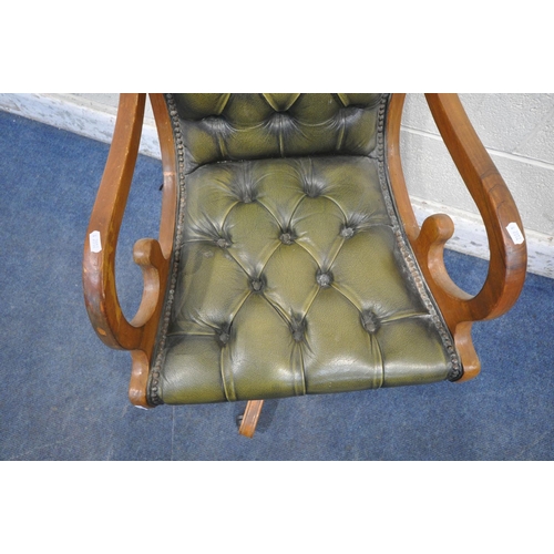 1222 - A 20TH CENTURY GREEN LEATHER BUTTONED OFFICE CHAIR (condition report: missing castor, surface marks,... 