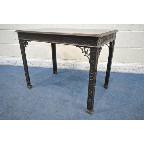 1289 - A CHIPPENDALE STYLE MAHOGANY RECTANGULAR TABLE, with blind and open fretwork detail, length 88cm x d... 