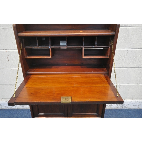 1290 - AN EDWARDIAN WALNUT FALL FRONT BUREAU, over double cupboard doors, width 77cm x depth 24cm x height ... 