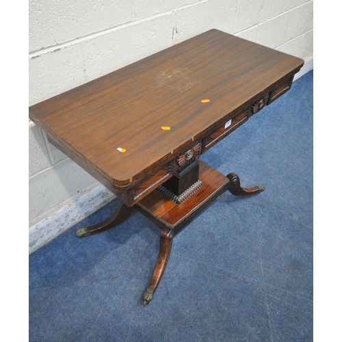 1291 - A REGENCY MAHOGANY FOLD OVER CARD TABLE, on a square support, and four splayed legs, width 92cm x de... 