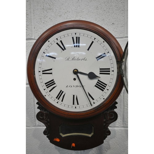 1294 - A 19TH CENTURY MAHOGANY DROP DIAL SINGLE FUSEE WALL CLOCK, with a 11'' enamel dial, signed R. Robert... 