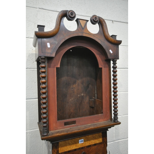 1296 - A GEOGIAN MAHOGANY, OAK AND MAPLE EIGHT DAY LONGCASE CLOCK, the hood with a swan neck pediment, and ... 