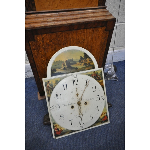 1296 - A GEOGIAN MAHOGANY, OAK AND MAPLE EIGHT DAY LONGCASE CLOCK, the hood with a swan neck pediment, and ... 