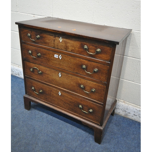 1298 - A 19TH CENTURY MAHOGANY CHEST OF FOUR LONG GRADUATED DRAWERS, with swan neck handles and bone escutc... 