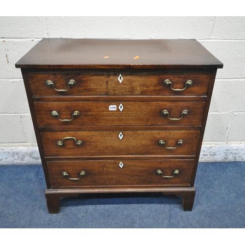 1298 - A 19TH CENTURY MAHOGANY CHEST OF FOUR LONG GRADUATED DRAWERS, with swan neck handles and bone escutc... 