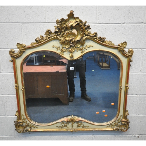 1299 - A 19TH CENTURY LOUIS XV GILT FRAMED OVERMANTLE MIRROR, with a shaped bevelled plate, 113cm x 115cm (... 