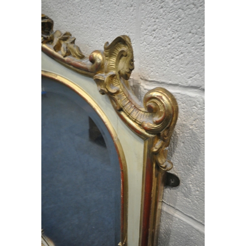 1299 - A 19TH CENTURY LOUIS XV GILT FRAMED OVERMANTLE MIRROR, with a shaped bevelled plate, 113cm x 115cm (... 