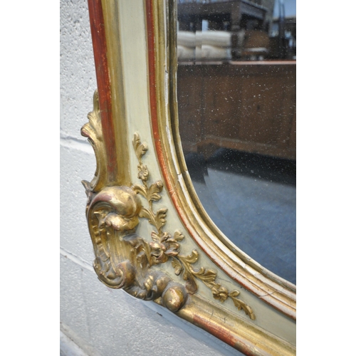 1299 - A 19TH CENTURY LOUIS XV GILT FRAMED OVERMANTLE MIRROR, with a shaped bevelled plate, 113cm x 115cm (... 