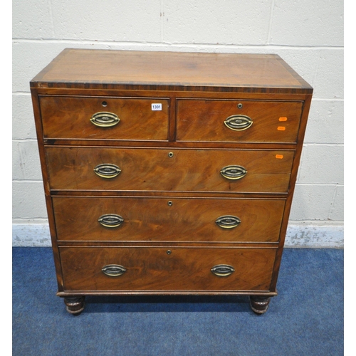 1301 - A GEORGIAN FLAME MAHOGANY AND ROSEWOOD CROSSBANDED CHEST OF TWO OVER THREE DRAWERS, with bow handles... 