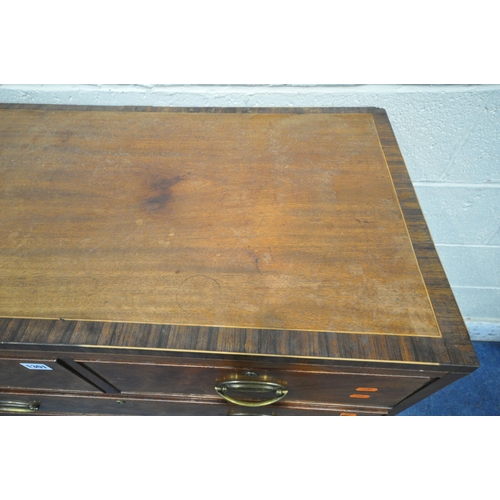 1301 - A GEORGIAN FLAME MAHOGANY AND ROSEWOOD CROSSBANDED CHEST OF TWO OVER THREE DRAWERS, with bow handles... 