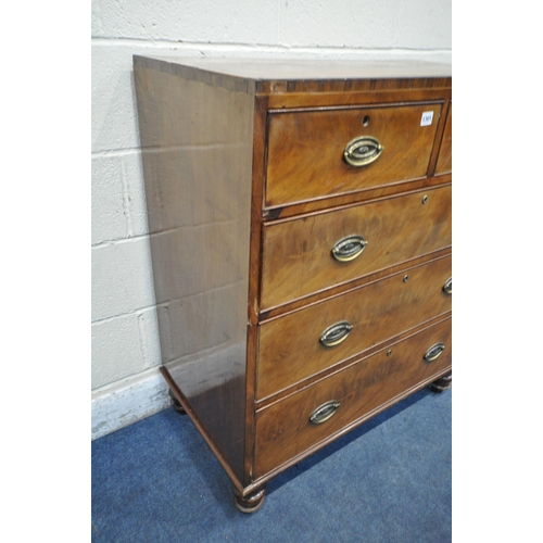 1301 - A GEORGIAN FLAME MAHOGANY AND ROSEWOOD CROSSBANDED CHEST OF TWO OVER THREE DRAWERS, with bow handles... 