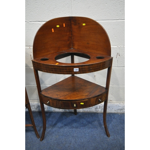 1303 - TWO GEORGIAN MAHOGANY CORNER WASHSTANDS, both with a single drawer, dummy drawers, one with a Chines... 