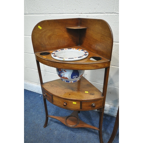 1303 - TWO GEORGIAN MAHOGANY CORNER WASHSTANDS, both with a single drawer, dummy drawers, one with a Chines... 