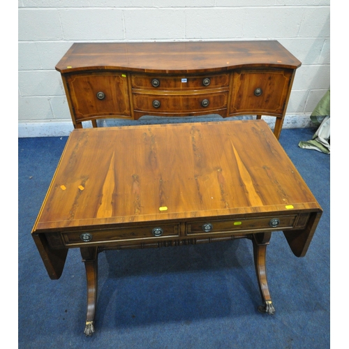 1304 - A YEWWOOD SERPENTINE SIDEBOARD, with two drawers, width 153cm x depth 56cm x height 85cm, and a yew ... 