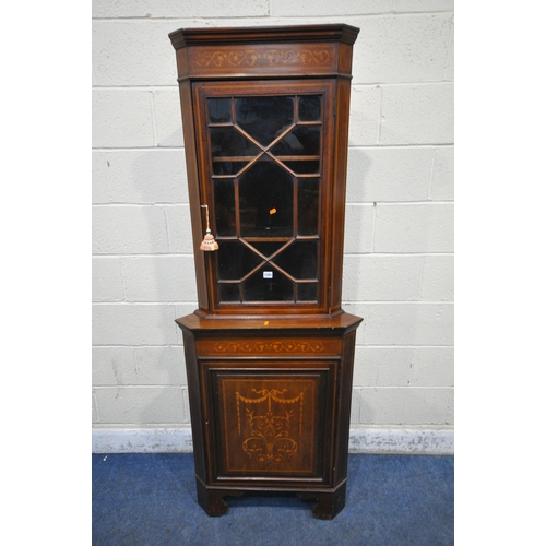 1305 - A EDWARDIAN MAHOGANY MARQUETRY INLAID CORNER CUPBOARD, width 70cm x depth 43cm x height 185cm (condi... 