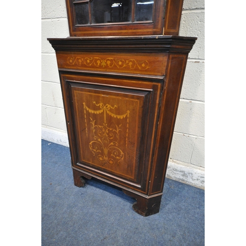 1305 - A EDWARDIAN MAHOGANY MARQUETRY INLAID CORNER CUPBOARD, width 70cm x depth 43cm x height 185cm (condi... 