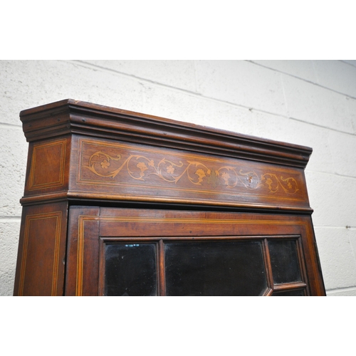 1305 - A EDWARDIAN MAHOGANY MARQUETRY INLAID CORNER CUPBOARD, width 70cm x depth 43cm x height 185cm (condi... 