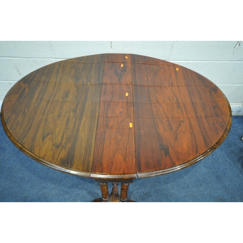 1306 - A VICTORIAN ROSEWOOD OVAL TOP SUTHERLAND TABLE, on barley twist supports united by a turned stretche... 