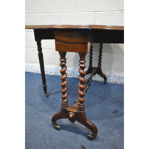 1306 - A VICTORIAN ROSEWOOD OVAL TOP SUTHERLAND TABLE, on barley twist supports united by a turned stretche... 