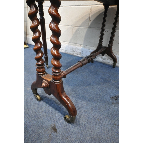 1306 - A VICTORIAN ROSEWOOD OVAL TOP SUTHERLAND TABLE, on barley twist supports united by a turned stretche... 