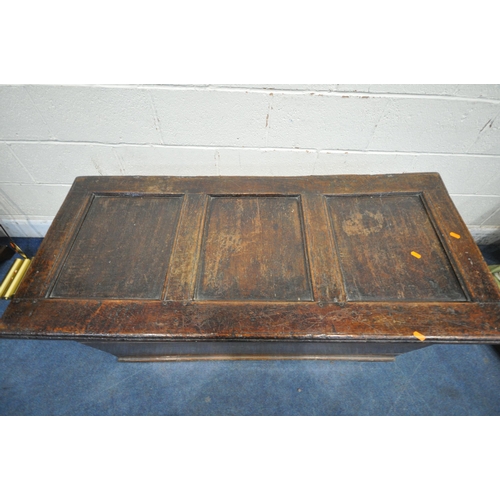 1307 - A GEORGIAN OAK PANELLED COFFER, width 130m x depth 58cm x height 66cm (condition report: multiple al... 