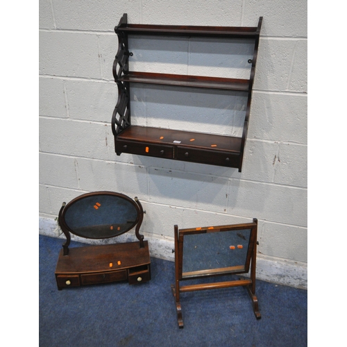 1310 - A GEORGIAN MAHOGANY SWING MIRROR, with three drawers and bone handles, along with another swing mirr... 