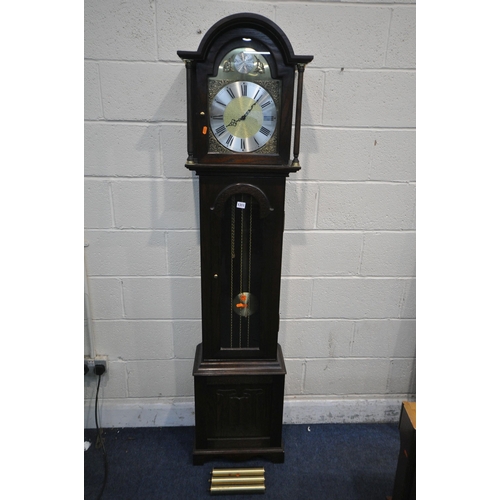 1311 - A JAYCEE OAK GRANDDAUGHTER CLOCK, with Roman numerals, height 188cm, three weights and pendulum (con... 