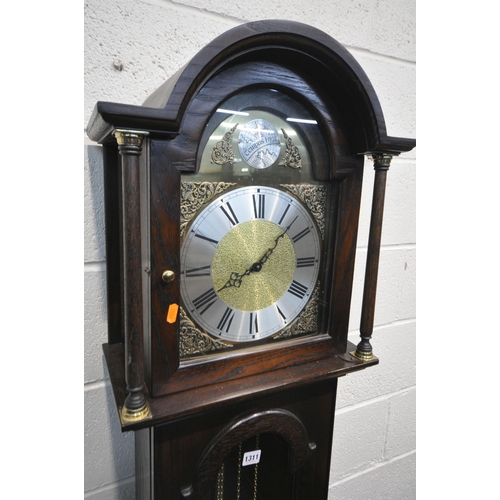 1311 - A JAYCEE OAK GRANDDAUGHTER CLOCK, with Roman numerals, height 188cm, three weights and pendulum (con... 