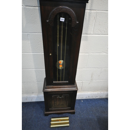 1311 - A JAYCEE OAK GRANDDAUGHTER CLOCK, with Roman numerals, height 188cm, three weights and pendulum (con... 