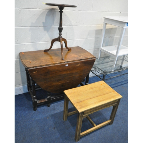 1316 - A SELECTION OF OCCASIONAL FURNITURE, to include an oak gate leg table, a dish top wine table, glass ... 