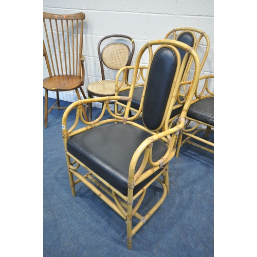 1318 - A SELECTION OF VARIOUS CHAIRS, to include three bamboo armchairs, a stick back Windsor chair and a b... 