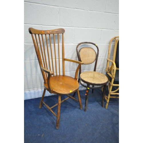 1318 - A SELECTION OF VARIOUS CHAIRS, to include three bamboo armchairs, a stick back Windsor chair and a b... 