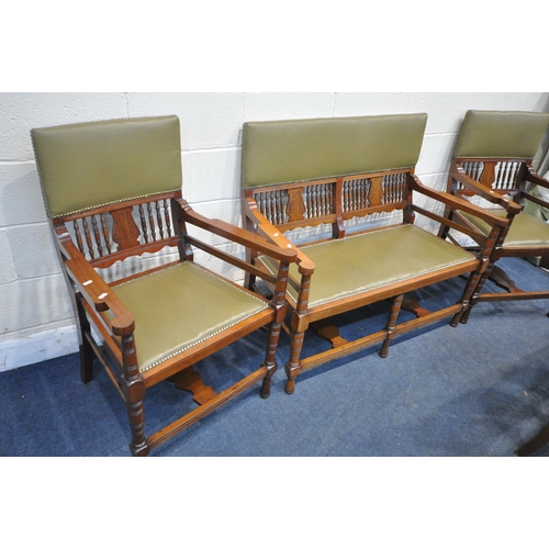 1322 - AN EDWARDIAN WALNUT SEVEN PIECE PARLOUR SUITE, each chair stamped to inner back leg, J Karr, covered... 