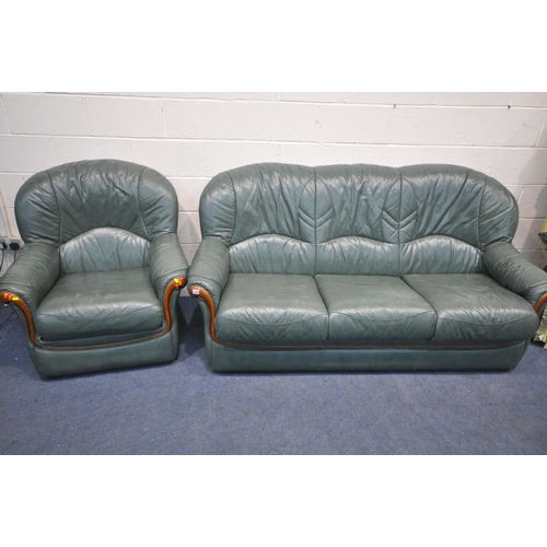 1324 - A GREEN LEATHER TWO PIECE LOUNGE SUITE, comprising a three seater settee, length 190cm, and an armch... 