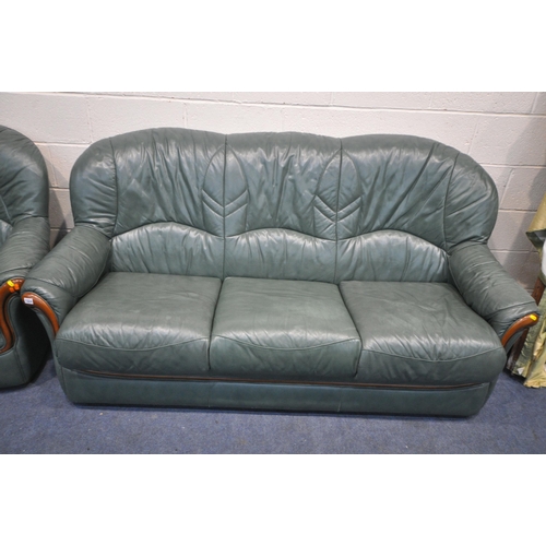 1324 - A GREEN LEATHER TWO PIECE LOUNGE SUITE, comprising a three seater settee, length 190cm, and an armch... 