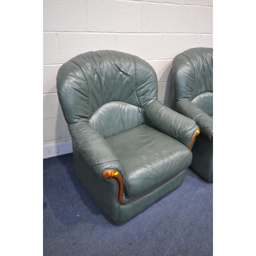 1324 - A GREEN LEATHER TWO PIECE LOUNGE SUITE, comprising a three seater settee, length 190cm, and an armch... 