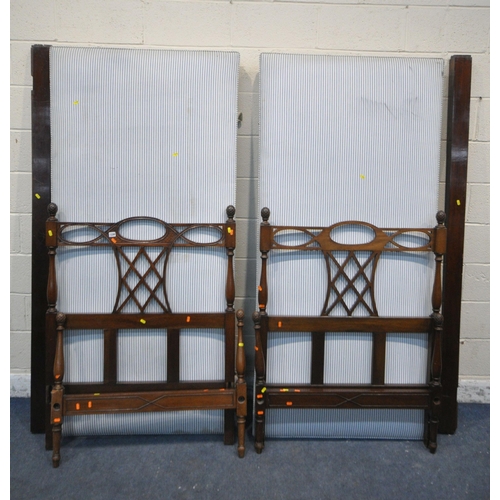 1330 - A PAIR OF EDWARDIAN MAHOGANY SINGLE BEDSTEADS, with side rails and bed bases (condition report: scuf... 