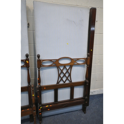 1330 - A PAIR OF EDWARDIAN MAHOGANY SINGLE BEDSTEADS, with side rails and bed bases (condition report: scuf... 