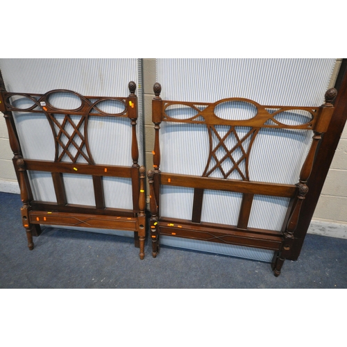 1330 - A PAIR OF EDWARDIAN MAHOGANY SINGLE BEDSTEADS, with side rails and bed bases (condition report: scuf... 