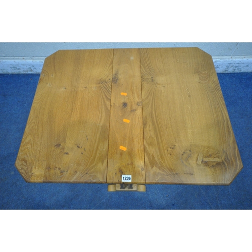 1236 - A SMALL SOLID OAK SUTHERLAND TABLE, made from reclaimed wood from the Elford church, open width 79cm... 