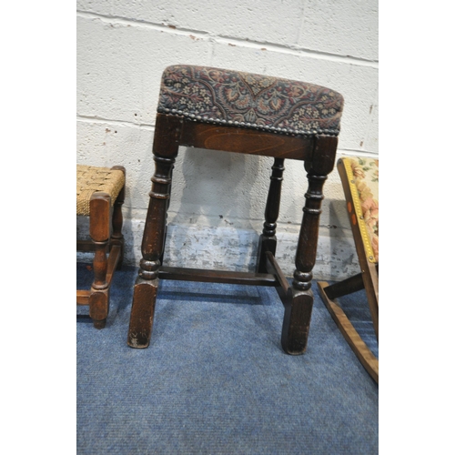 1237 - A 20TH CENTURY OAK STOOL, with foliate upholstery, 36cm squared x height 51cm, a rush stool, a gout ... 