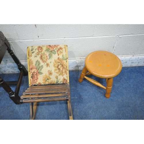 1237 - A 20TH CENTURY OAK STOOL, with foliate upholstery, 36cm squared x height 51cm, a rush stool, a gout ... 