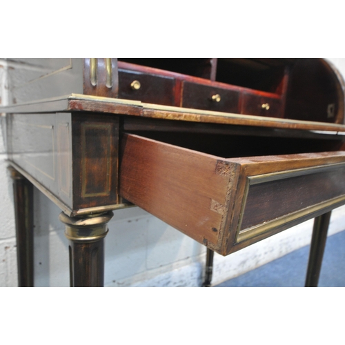 1249 - A LOUIS XVI STYLE MAHOGANY CYLINDER DESK, retailer label to reverse reading Leon Molinghem, with gil... 