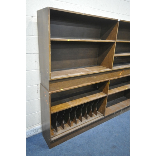 1252 - TWO PAINTED LOW OPEN BOOKCASES, with an arrangement of shelving, width 210cm x depth 35cm x height 9... 