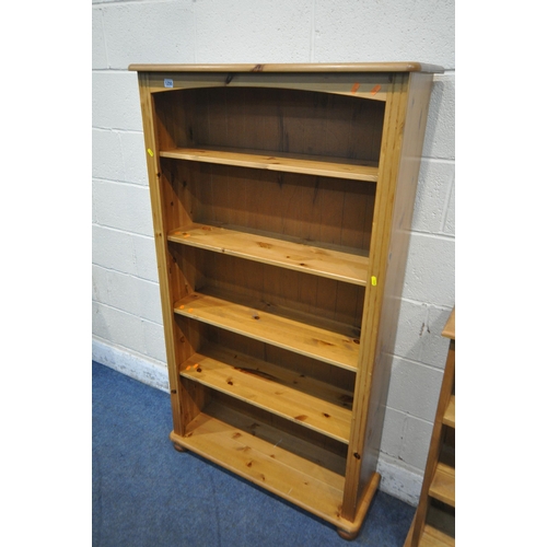 1255 - A MODERN PINE OPEN BOOKCASE, width 87cm x depth 29cm x height 153cm, along with a small pine open bo... 